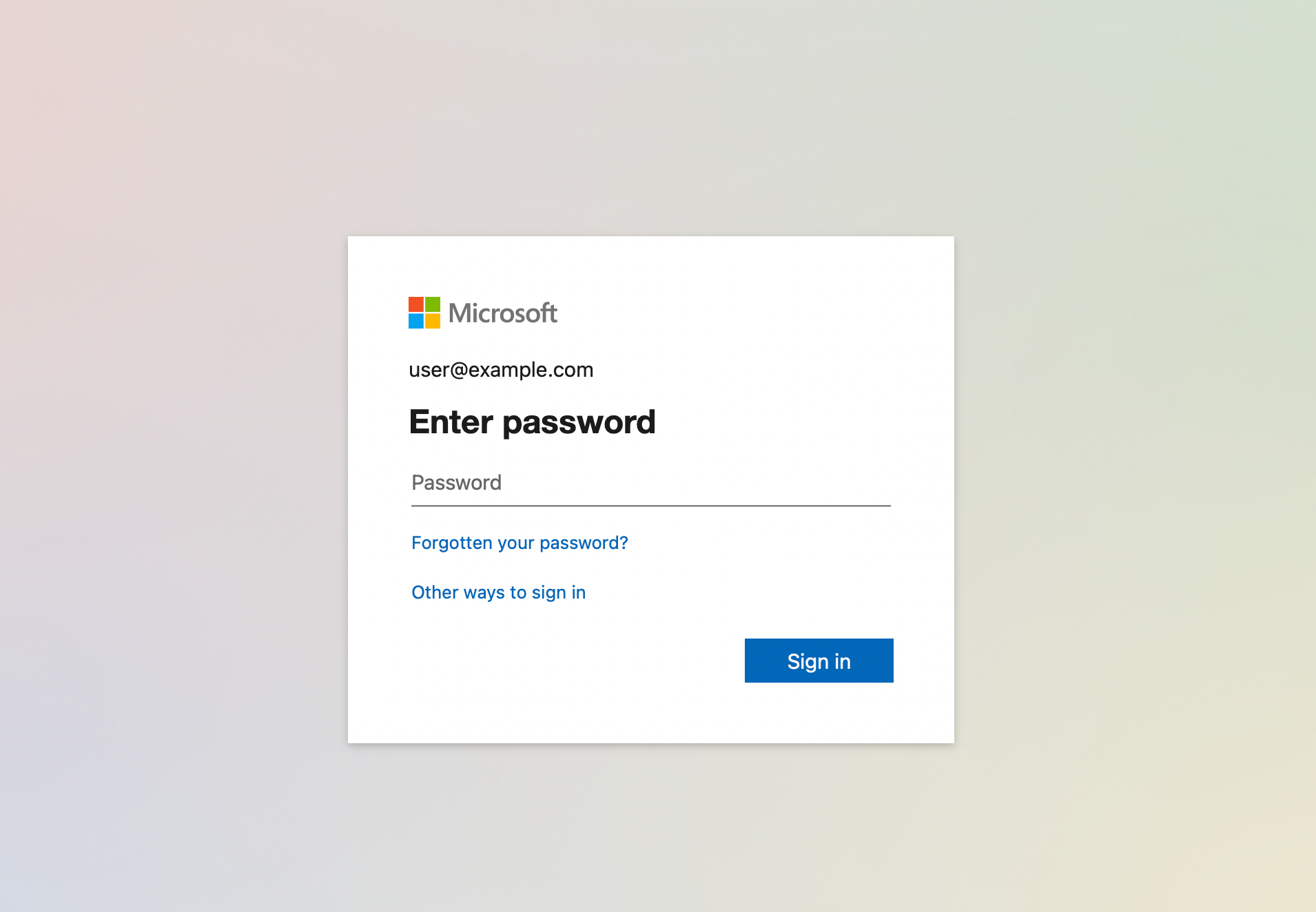 Example of password screen for Microsoft