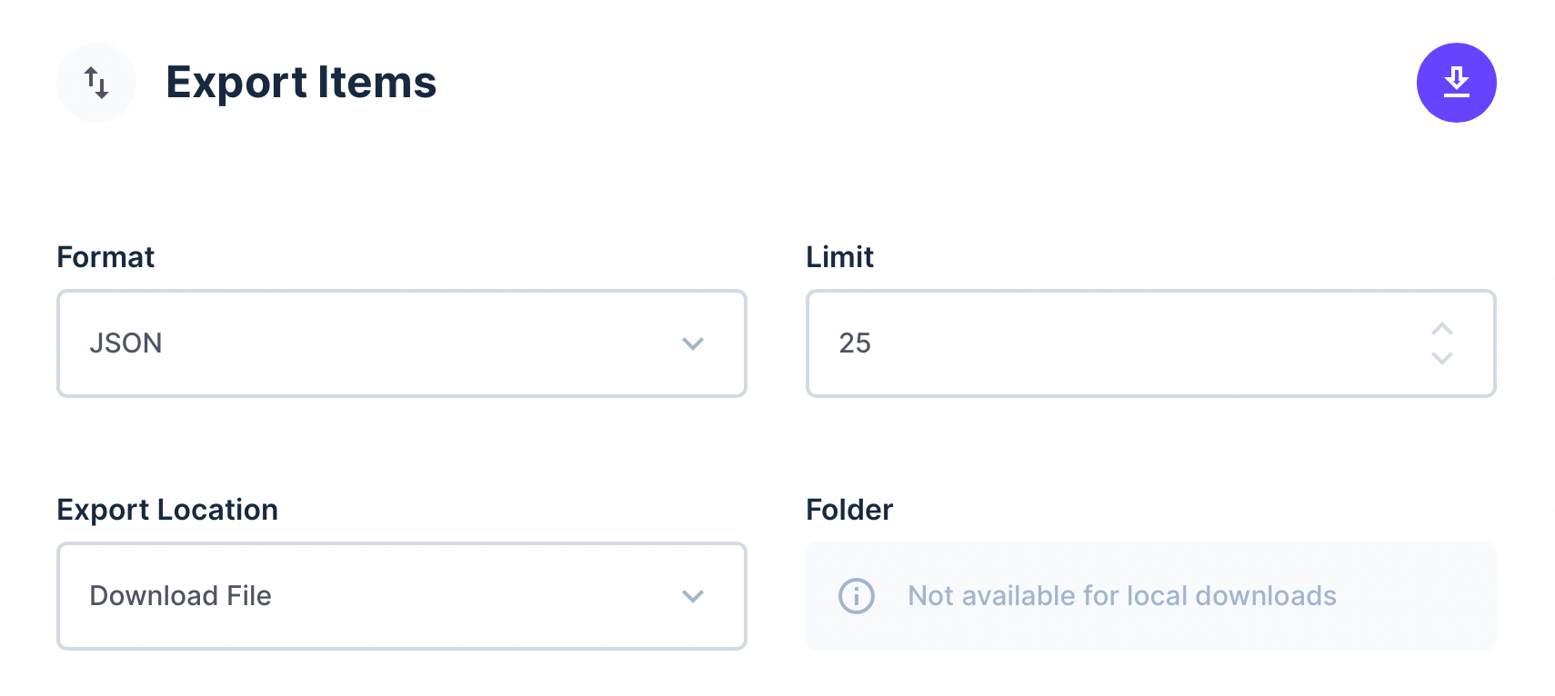 Example settings for JSON export